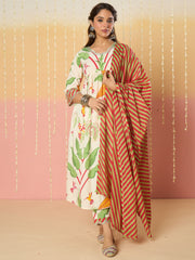 Grey Printed Straight Kurta Trousers With Dupatta Set