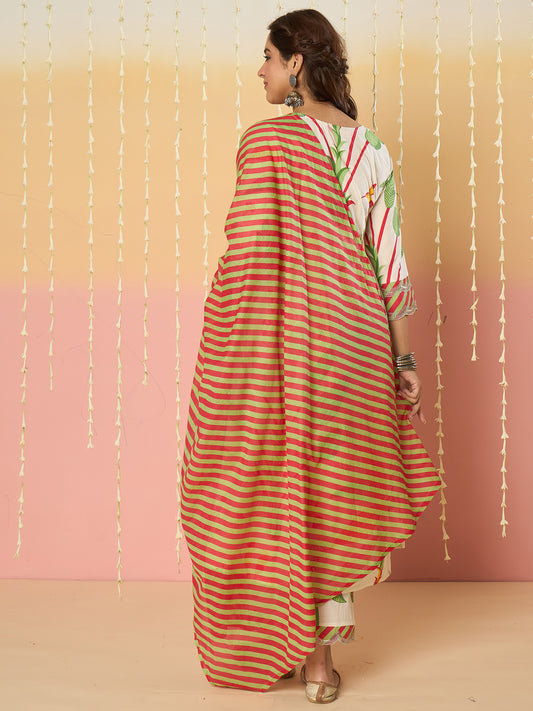 Grey Printed Straight Kurta Trousers With Dupatta Set