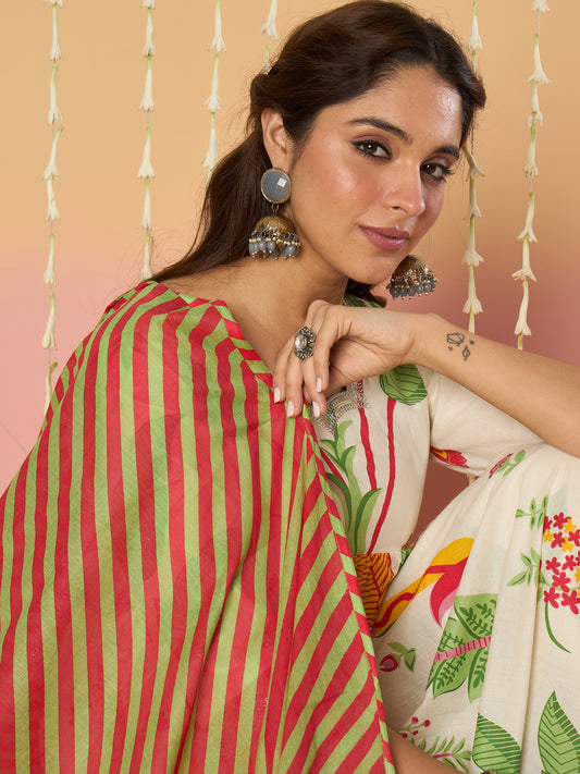 Grey Printed Straight Kurta Trousers With Dupatta Set