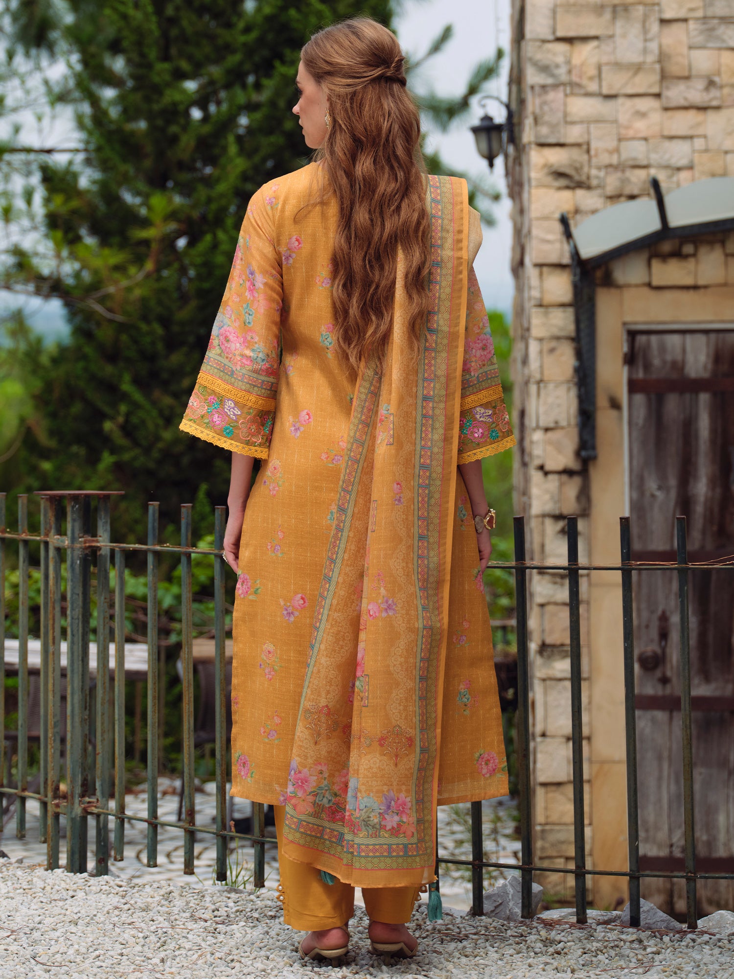 Yellow Embroidered Straight Kurta Trousers With Dupatta set