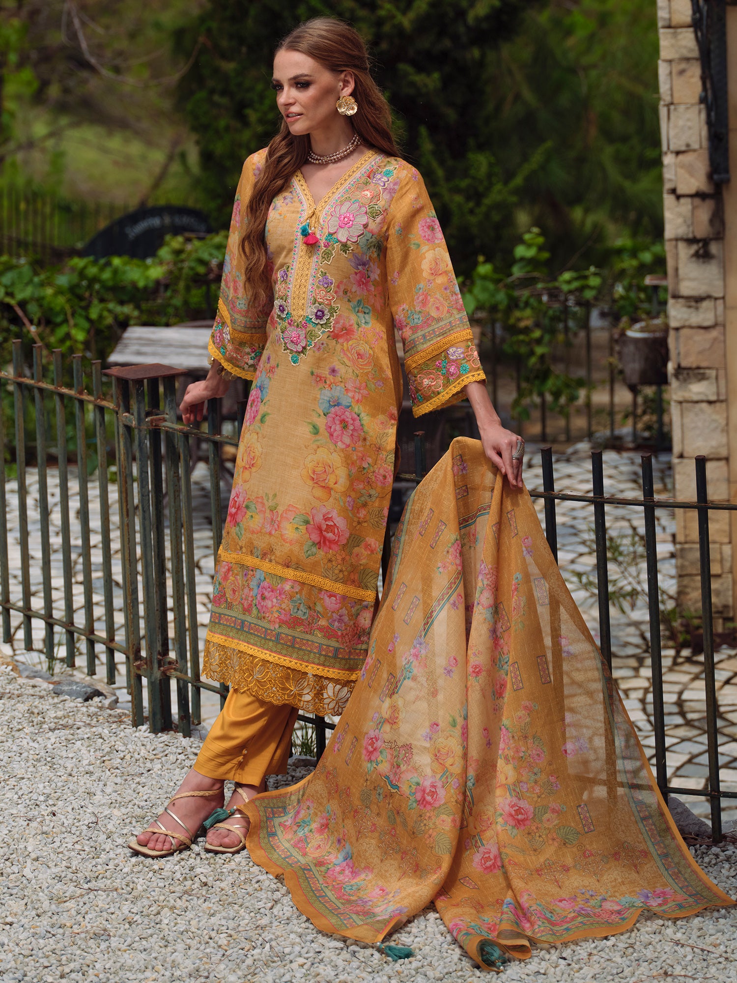 Yellow Embroidered Straight Kurta Trousers With Dupatta set