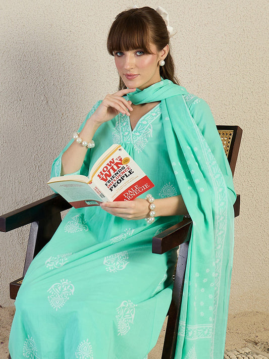 White Printed A-Line Kurta Trousers With Dupatta Set