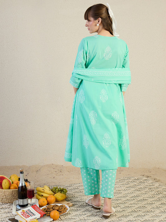 White Printed A-Line Kurta Trousers With Dupatta Set