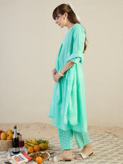 White Printed A-Line Kurta Trousers With Dupatta Set