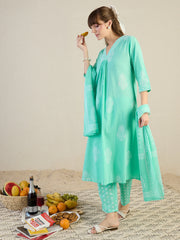 White Printed A-Line Kurta Trousers With Dupatta Set