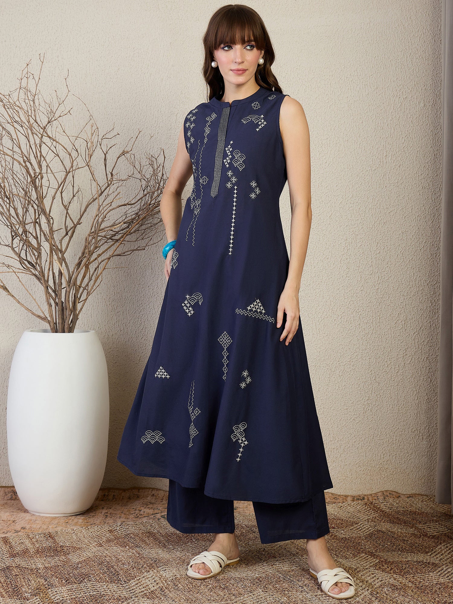 Blue Embroidered A-Line Kurta Palazzos Set