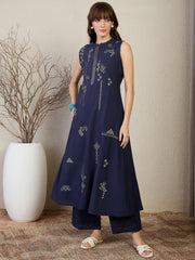 Blue Embroidered A-Line Kurta Palazzos Set