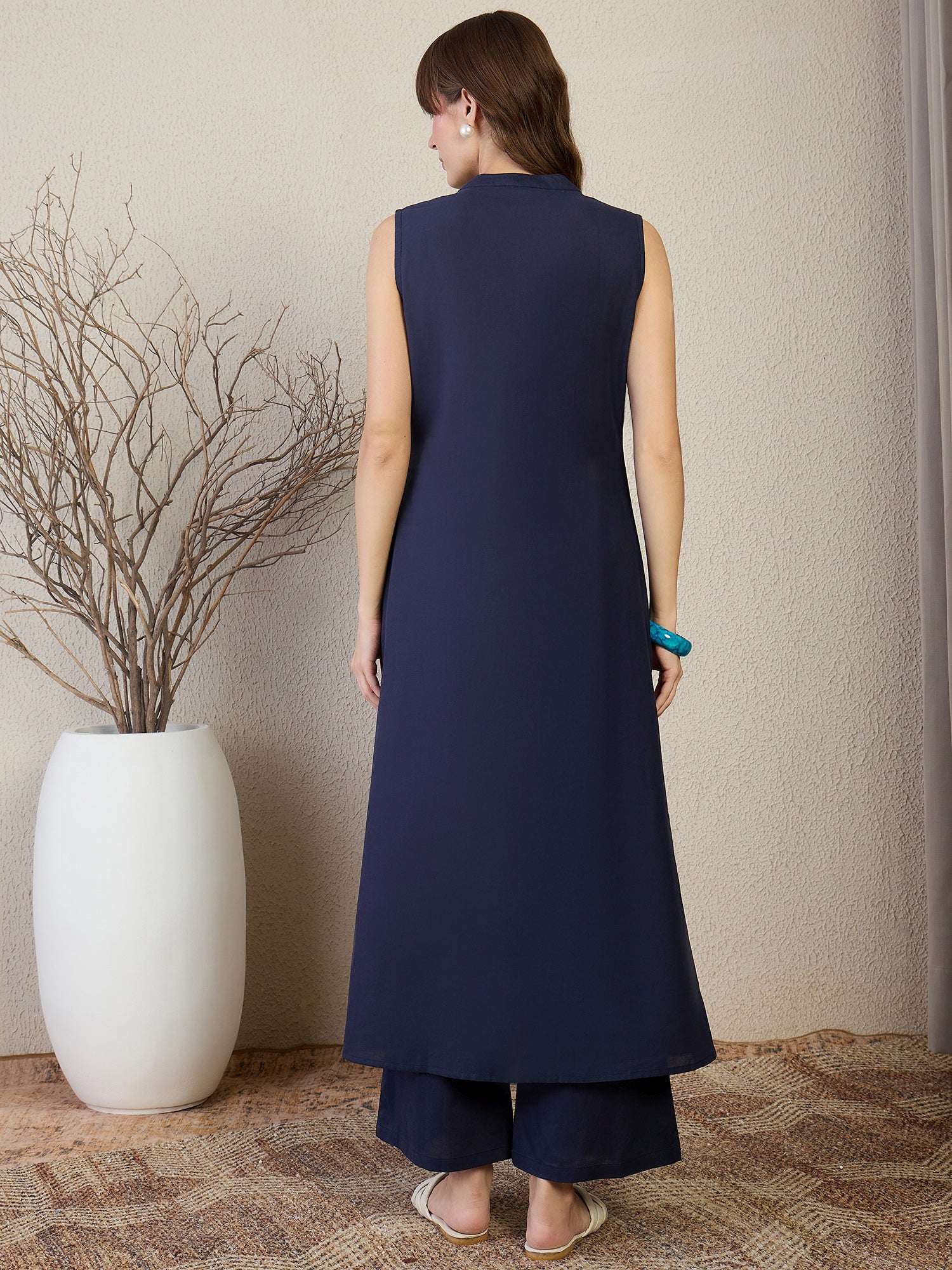 Blue Embroidered A-Line Kurta Palazzos Set