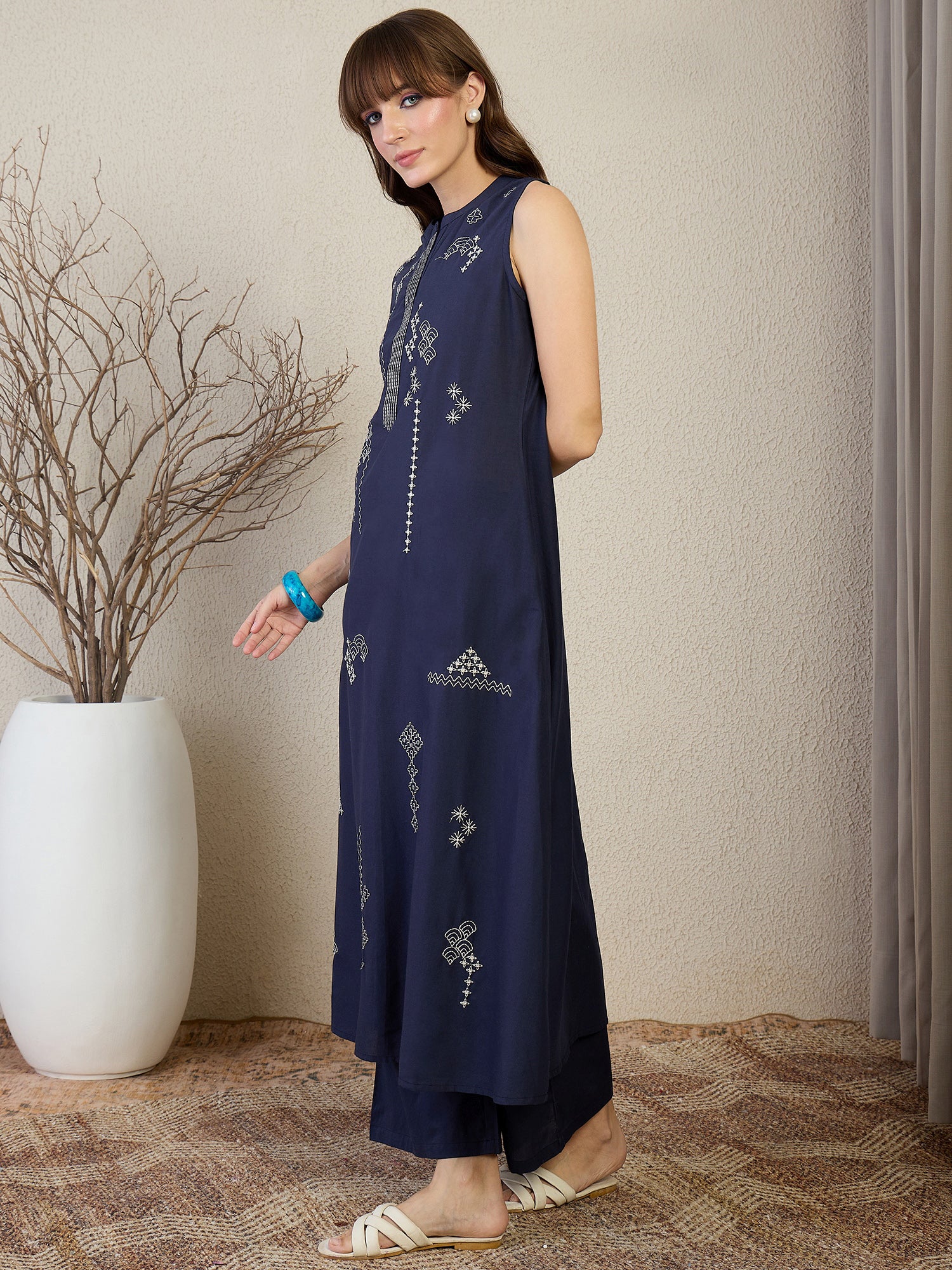 Blue Embroidered A-Line Kurta Palazzos Set