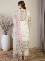 White Printed Straight Kurta Trousers With Dupatta Set