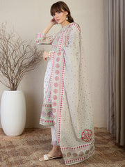 White Printed Straight Kurta Trousers With Dupatta Set