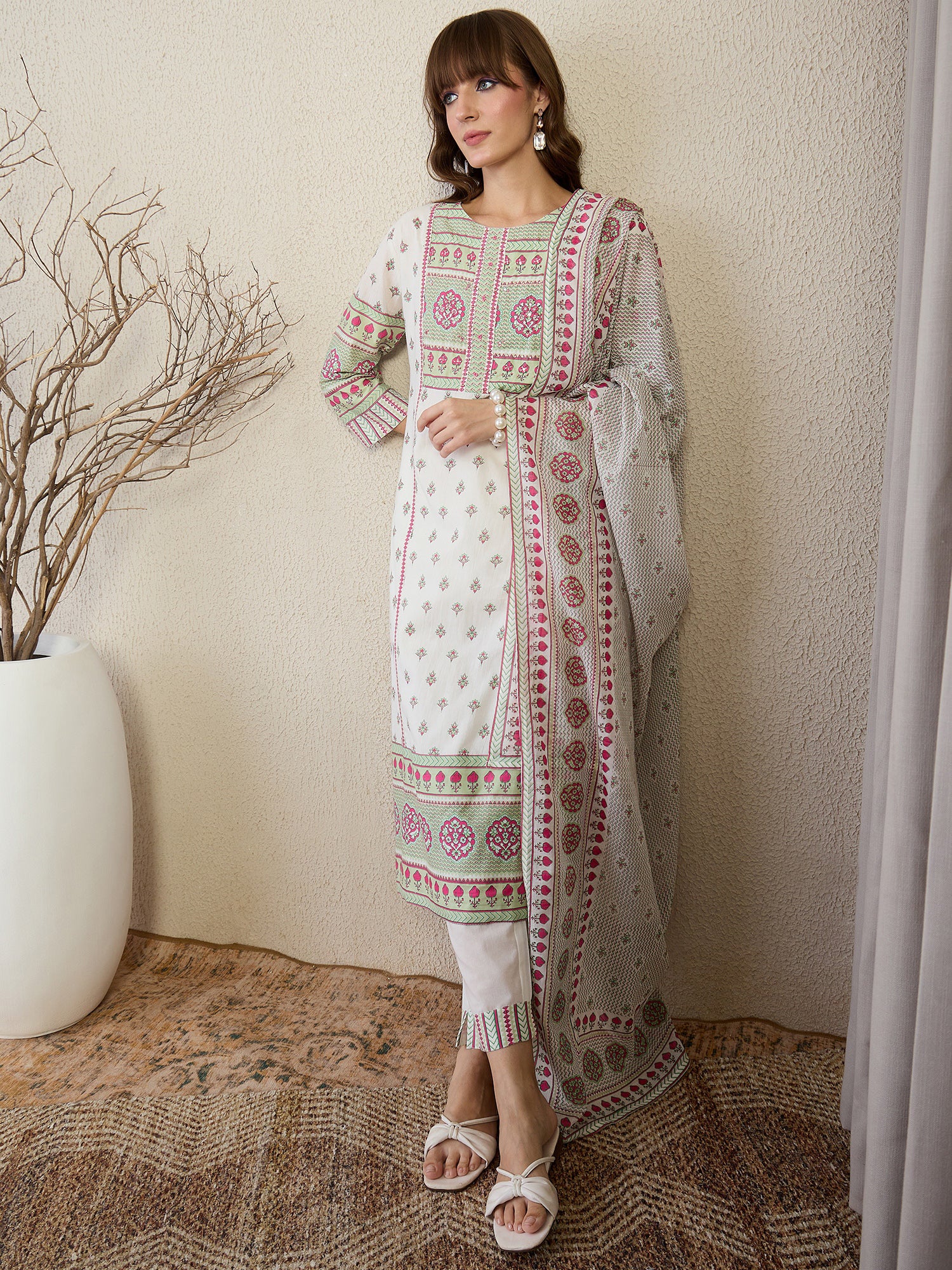 White Printed Straight Kurta Trousers With Dupatta Set