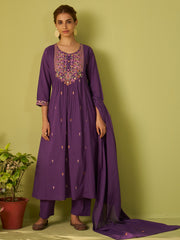 Blue Embroidered Straight Kurta Trousers With Dupatta Set