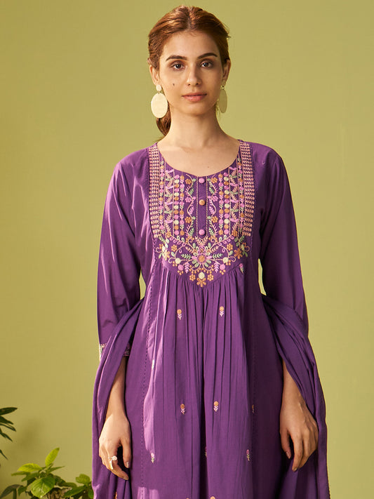 Blue Embroidered Straight Kurta Trousers With Dupatta Set