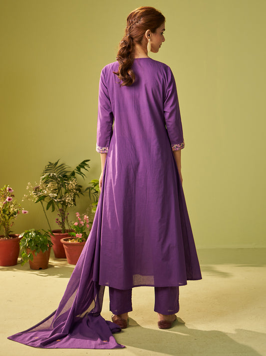 Blue Embroidered Straight Kurta Trousers With Dupatta Set
