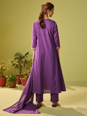 Blue Embroidered Straight Kurta Trousers With Dupatta Set
