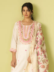 Off White Embroidered Straight Kurta Trousers With Dupatta Set