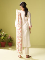 Off White Embroidered Straight Kurta Trousers With Dupatta Set