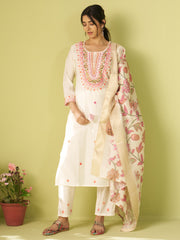 Off White Embroidered Straight Kurta Trousers With Dupatta Set