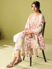 Off White Embroidered Straight Kurta Trousers With Dupatta Set