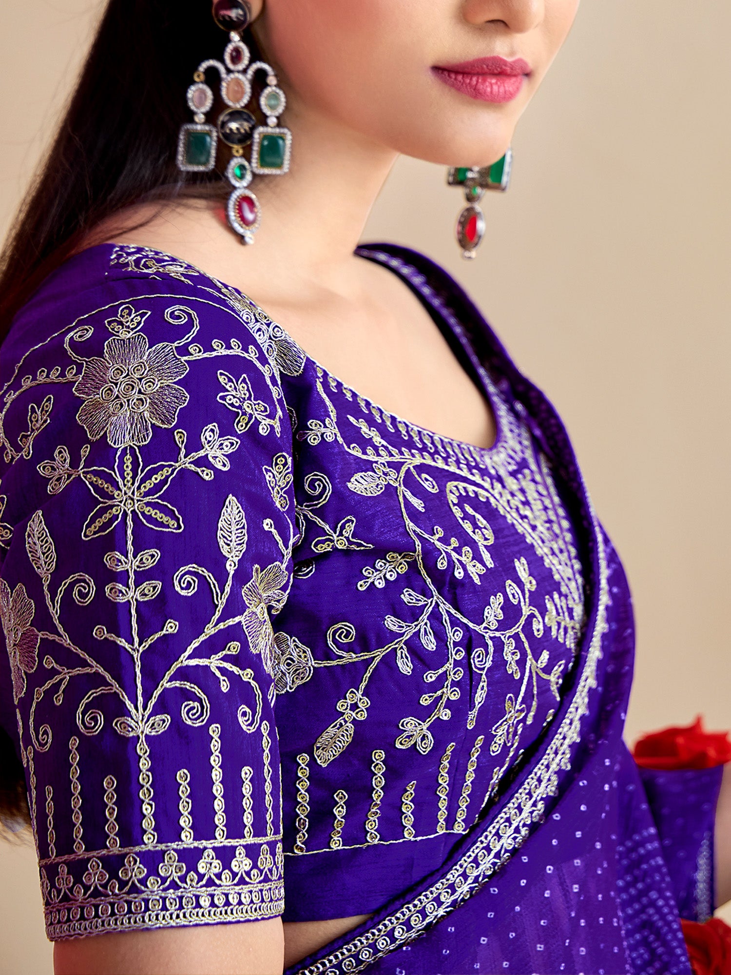 Women's Georgette Lavendar Embroidered Designer Saree With Blouse Piece