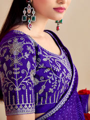 Women's Georgette Lavendar Embroidered Designer Saree With Blouse Piece