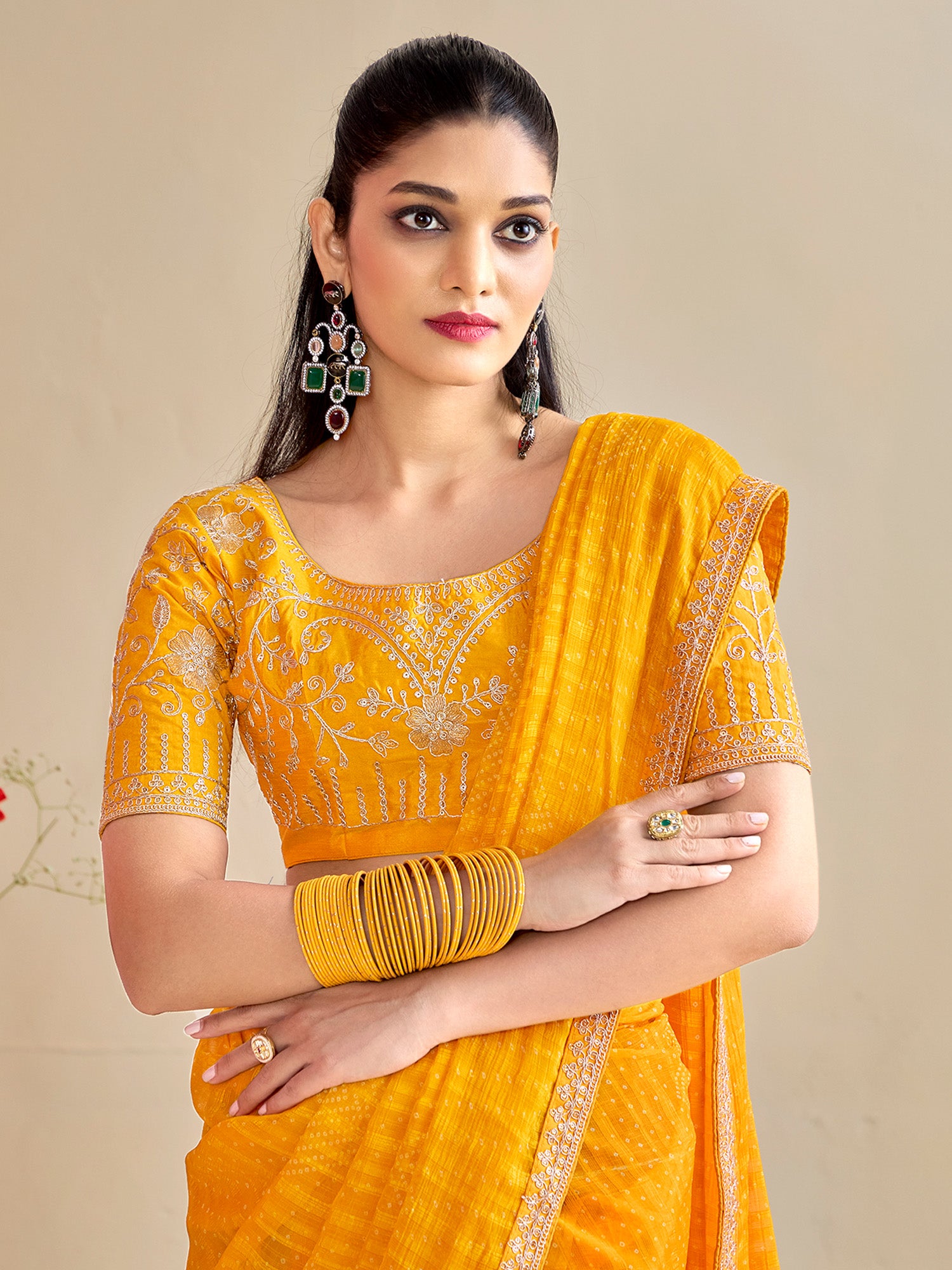 Women's Georgette Yellow Embroidered Designer Saree With Blouse Piece