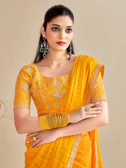 Women's Georgette Yellow Embroidered Designer Saree With Blouse Piece