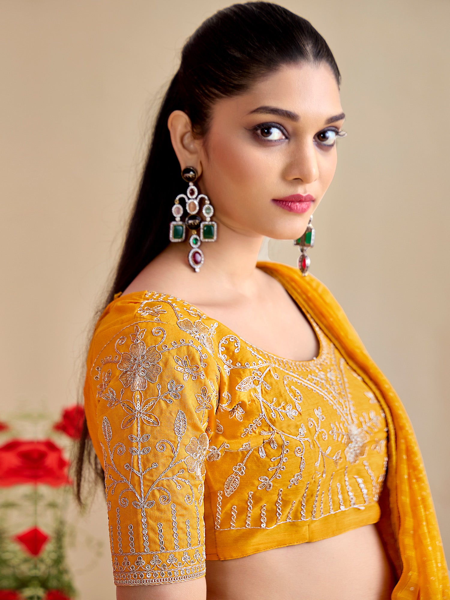 Women's Georgette Yellow Embroidered Designer Saree With Blouse Piece