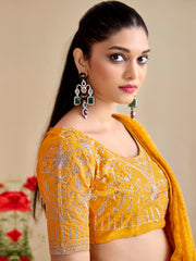 Women's Georgette Yellow Embroidered Designer Saree With Blouse Piece