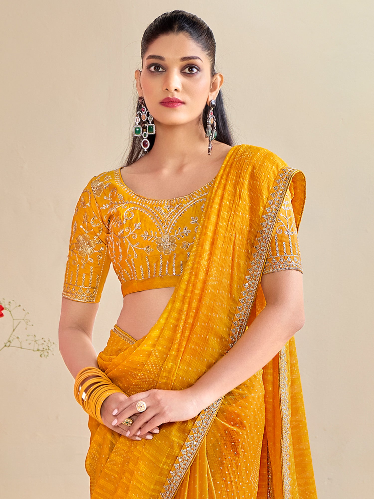 Women's Georgette Yellow Embroidered Designer Saree With Blouse Piece