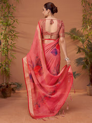 ساري نسائي من مزيج الكتان، مطبوع عليه لون الخوخ، بتصميم أنيق، مع قطعة بلوزة.