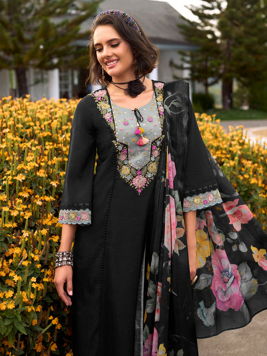 Green Embroidered Straight Kurta Trousers With Dupatta Set