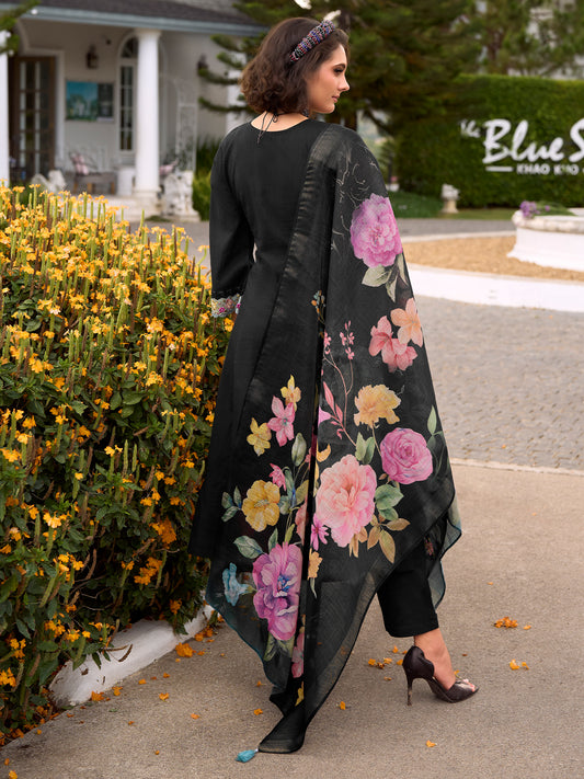 Green Embroidered Straight Kurta Trousers With Dupatta Set
