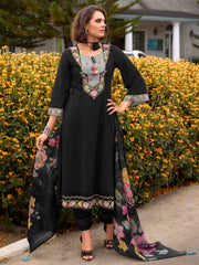 Green Embroidered Straight Kurta Trousers With Dupatta Set