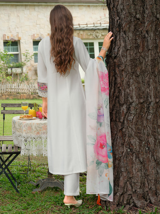 White Embroidered A-Line Kurta Trousers With Dupatta Set