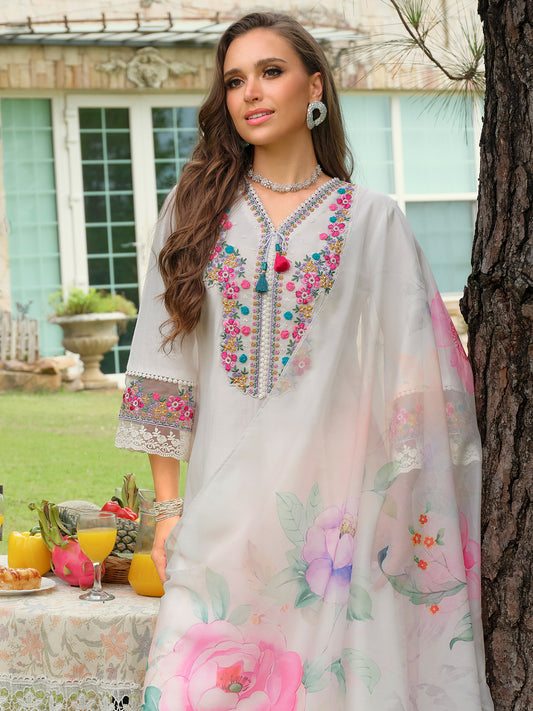 White Embroidered A-Line Kurta Trousers With Dupatta Set