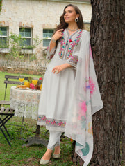 White Embroidered A-Line Kurta Trousers With Dupatta Set
