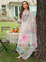 White Embroidered A-Line Kurta Trousers With Dupatta Set