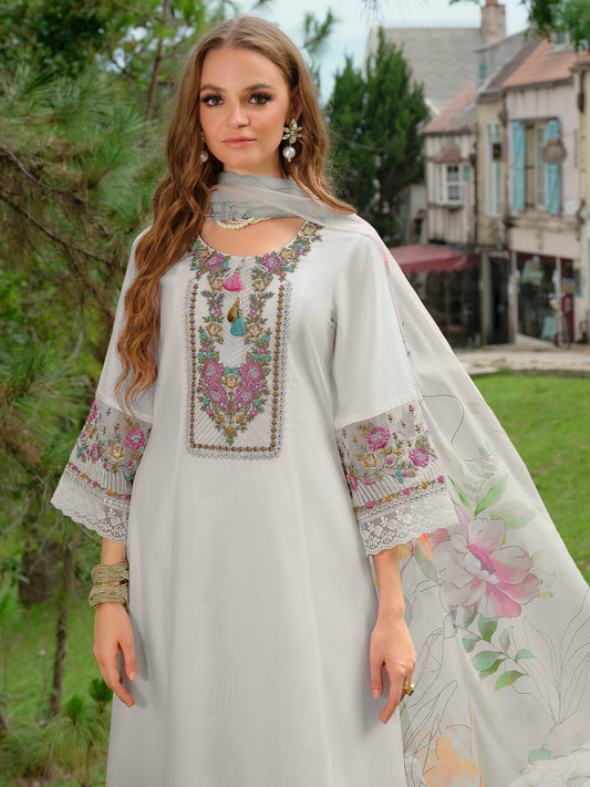 Blue Embroidered A-Line Kurta Trousers With Dupatta Set