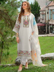 Blue Embroidered A-Line Kurta Trousers With Dupatta Set