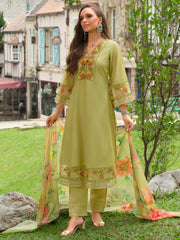 Yellow Embroidered A-Line Kurta Trousers With Dupatta Set