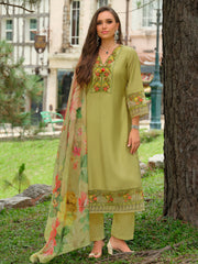 Yellow Embroidered A-Line Kurta Trousers With Dupatta Set