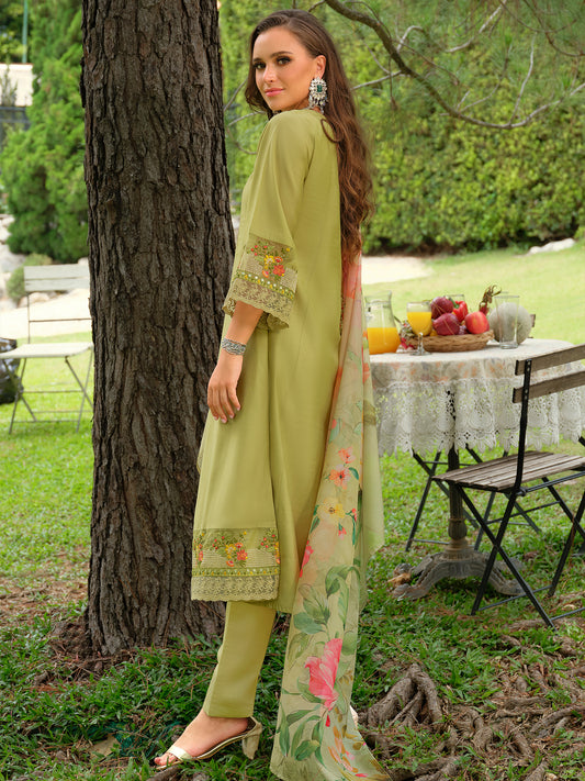 Yellow Embroidered A-Line Kurta Trousers With Dupatta Set