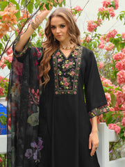 Black Embroidered A-Line Kurta Trousers With Dupatta Set