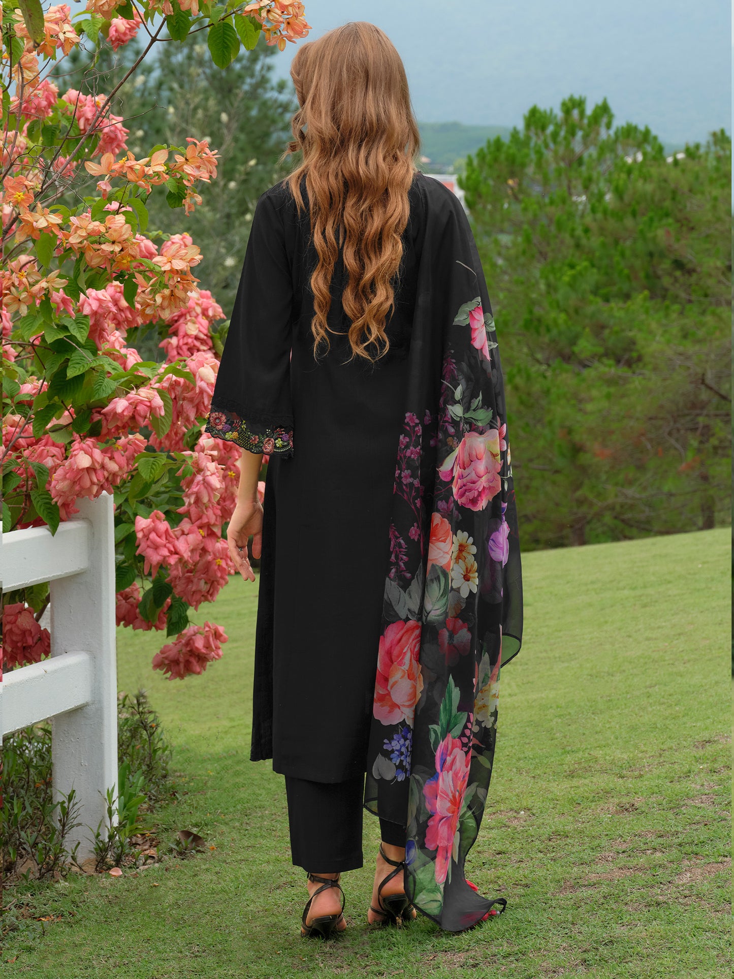 Black Embroidered A-Line Kurta Trousers With Dupatta Set