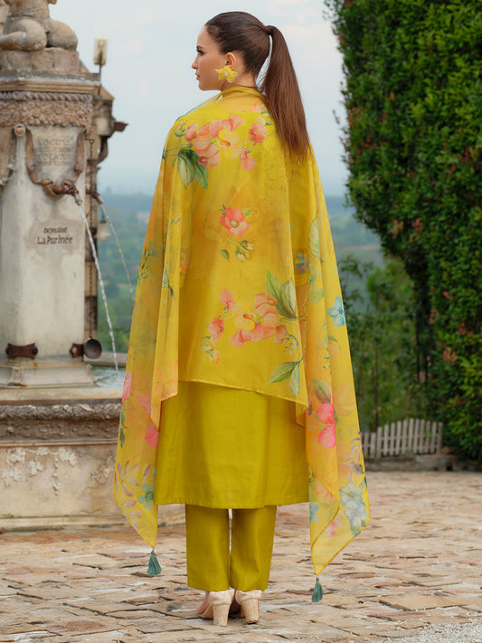 Peach Embroidered A-Line Kurta Trousers With Dupatta Set