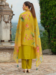 Peach Embroidered A-Line Kurta Trousers With Dupatta Set