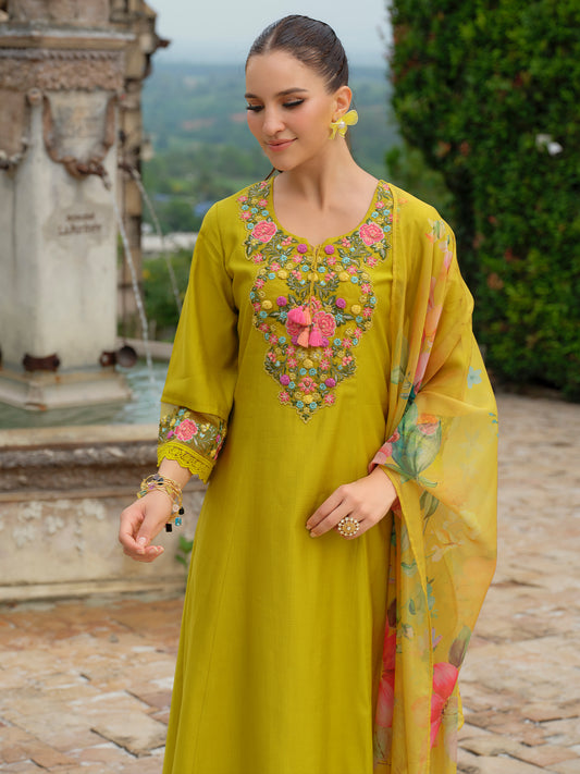 Peach Embroidered A-Line Kurta Trousers With Dupatta Set