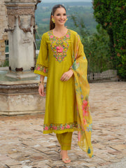 Peach Embroidered A-Line Kurta Trousers With Dupatta Set